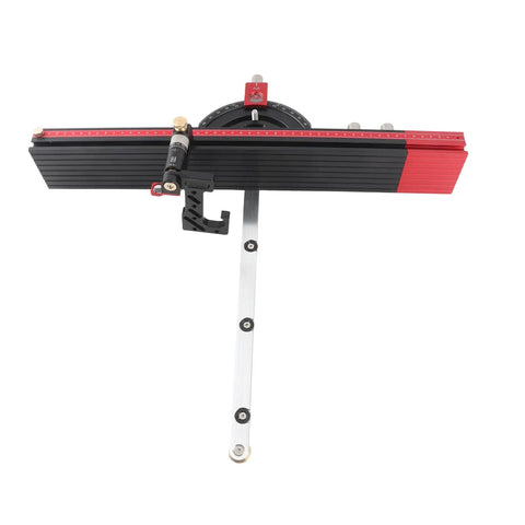 Heavy Duty Table Saw Miter Guide With 13 Positive Angle Stops And Smooth Gliding Track For Dead On Cuts Adjustable From Minus Sixty To Plus Sixty Degrees Reliable Woodworking Jig That Pros Absolutely Love, featuring a robust aluminum track, red and black color scheme, and adjustable design.