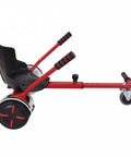 Side view of a red Go Kart Seat Attachment for Self Balancing Scooters. Fits 6.5 inch, 8 inch, 10 inch, with swivel wheel and handlebars.