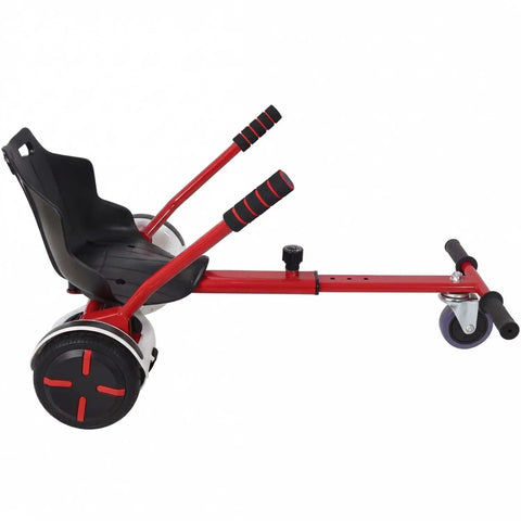 Side view of a red Go Kart Seat Attachment for Self Balancing Scooters. Fits 6.5 inch, 8 inch, 10 inch, with swivel wheel and handlebars.
