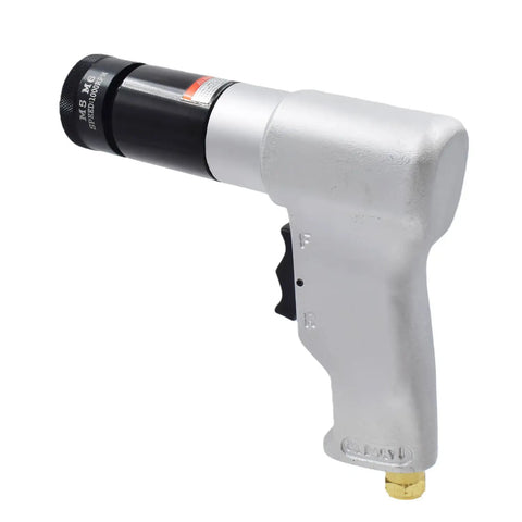 Pro Grade Pneumatic Rivet Nut Tool Kit With M5 And M6 Heads, side view showing sleek silver body and black tip.