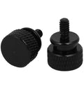 Six Thirty Two Thread Knurled Thumb Screws Black Aluminum Alloy Heavy Duty Hardware Fasteners For Computer Pc Servers Network Racks And Electronics Packs Of Ten close-up view of two knurled thumb screws.