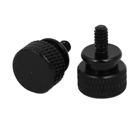 Six Thirty Two Thread Knurled Thumb Screws Black Aluminum Alloy Heavy Duty Hardware Fasteners For Computer Pc Servers Network Racks And Electronics Packs Of Ten close-up view of two knurled thumb screws.