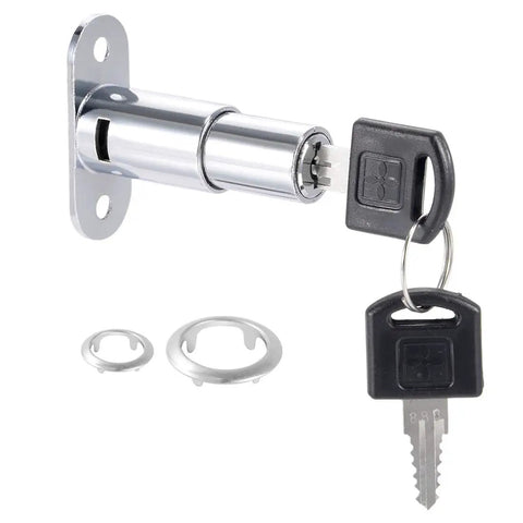 Top Shelf Zinc Alloy Push Plunger Lock With Keyed Alike Chrome Finish For Drawers Desks And Wardrobe Cabinets with two keys and hardware.