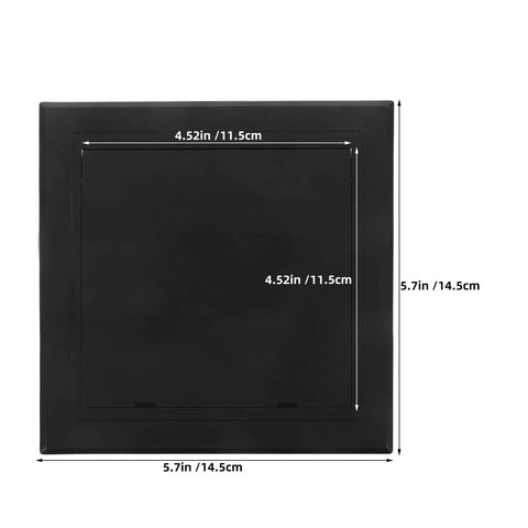 Slick Black Plastic Wall Access Panel Swings Open For Easy Inspections, 5.7in x 4.52in size for tight spaces.
