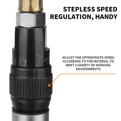Top Tier Pneumatic Air Scribe and Engraving Pen Micro Die Grinder with High Speed Rotation Alloy Bits showing stepless speed regulation feature.