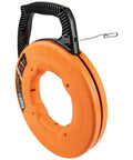 Stainless Steel Electrical Fish Tape With Double Loop Tip And Optimized Housing For Easy Wire Pulls One Eighth Inch Wide 240 Foot Long Corrosion Resistant Wire Puller For Tough Runs showing orange housing and loop tip