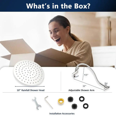 Woman unboxing 10 Inch Rain Shower Head With 12 Inch Adjustable Extension Arm No Fuss All Metal Chrome Finish High Pressure Rainfall