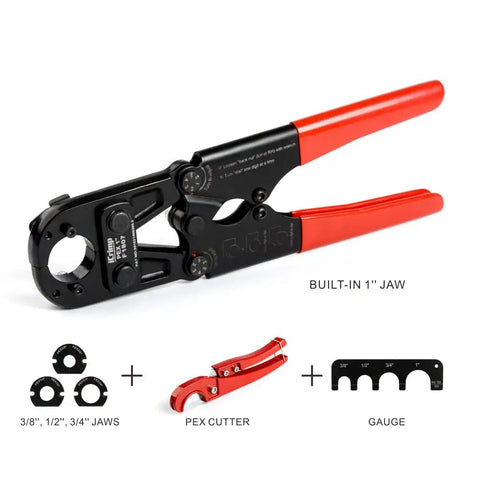 Pro Grade PEX Crimp Tool Kit With Three Eighths Inch Die Sets Copper Crimp Rings PEX Cutter Go No Go Gauge Fits ASTM F1807 Plumbing Installations