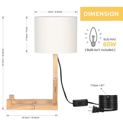 Dimensions guide of Cute Desk Lamp With Wood Base And Changeable Shape, Modern Table Lamp For Bedroom Study Office And Kids Room, Ivory Linen Lampshade, 18.8 Inches Tall, Cozy Vibe, Functional Home Accent Light.