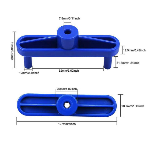 TorSor blue plastic center scribe locator, 2-pack; center finder/marking gauge for woodworking, front and top view