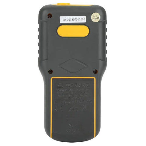 Split Type Digital Vibration Meter With LCD Display, Vibrometer And Vibration Analyzer For Measuring Vibration Speed, Acceleration And Displacement, Pro Grade Portable Vibration Tester For Mechanical, Electrical, Aerospace And Industrial Applications. Back view of black and yellow plastic unit.