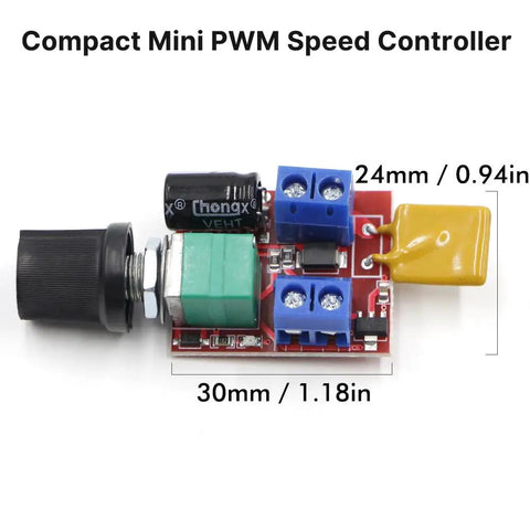 Compact PWM DC Motor Speed Controller 5A Dimmer For 3V To 35V DC Motors And Fans With Adjustable Duty Cycle and LED, top view