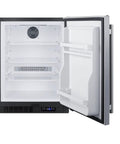 Top Tier Four Cu Ft Upright Frost Free Freezer Crafted In Brushed Stainless Steel with open door and adjustable shelves.