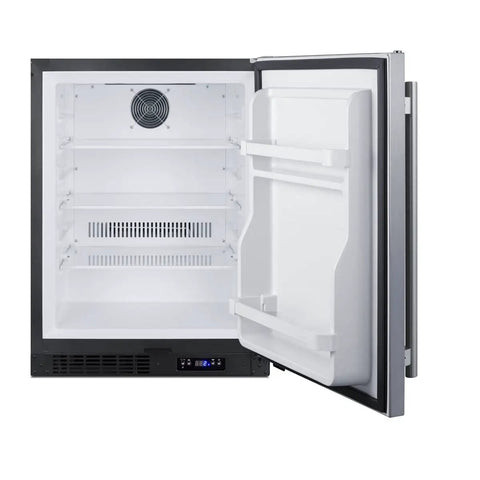 Top Tier Four Cu Ft Upright Frost Free Freezer Crafted In Brushed Stainless Steel with open door and adjustable shelves.