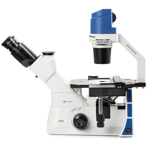 Inverted Trinocular Lab Microscope With Top Notch Mechanical Stage And Plan Phase 10x 20x 40x IOS Objectives 5W LED Illumination Stage Extension Transportation Box Great For Research And Education, side view