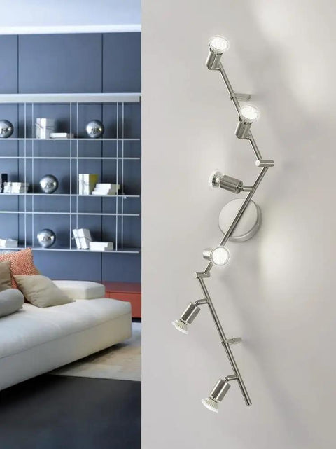 Buzz 74 Inch Track Light With 6 Adjustable LED Heads, Dimmable, Wall And Ceiling Fixture In Satin Nickel, mounted on wall