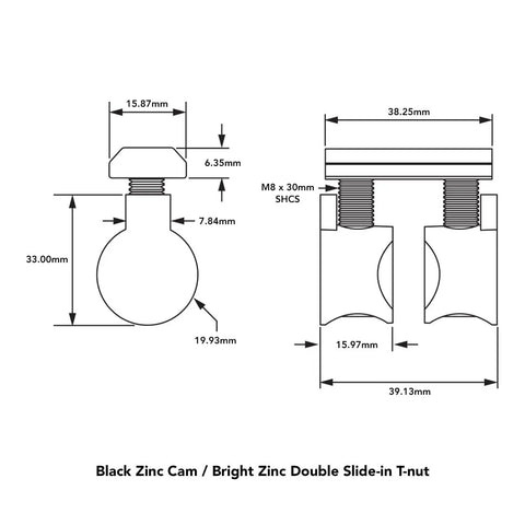 M8 Double Anchor Cam Fasteners with dimensions, designed for 40 Series Aluminum Extrusion Hardware, detailed technical drawing.