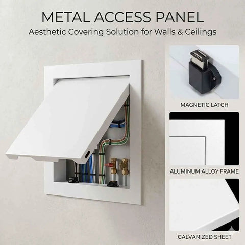 Heavy Duty Galvanized Steel Access Panel For Drywall with magnetic latch showing plumbing connections hidden inside.