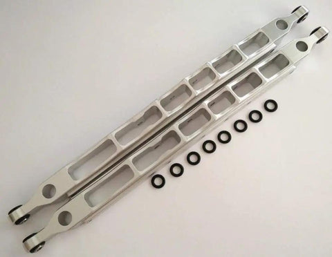 Beefy Aluminum Rear Lower Linkage Set Silver For 1/8 Scale RC Trucks Bolt On Upgrade Durable Rear Suspension Perfect For Yeti XL And Other Axial 1/8 Platforms AX31014 Compatible, silver aluminum links with black washers