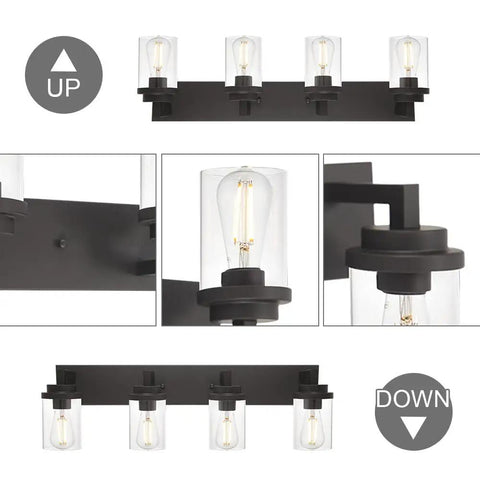 Dope 4 Light Oil Rubbed Bronze Bathroom Vanity Light Wall Sconce With Clear Glass Shades showing various mounting angles
