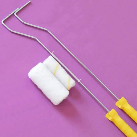 4 Inch Paint Roller Frame With Extended Handle And Ergonomic Thumb Control Featuring Thick Polyester Plush For Flawless Wall And Ceiling Finish Built Solid To Handle Painting Jobs Like A Pro, showing two steel shafts and polyester covers.