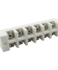 Front view of a six-position porcelain ceramic terminal block with screw terminals