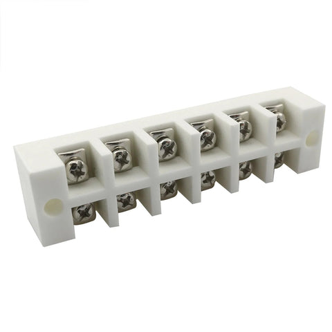 Front view of a six-position porcelain ceramic terminal block with screw terminals