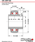 Maple Ace UC207-22 insert ball bearing, UC200 series, 1-3/8 in bore, red lip seal
