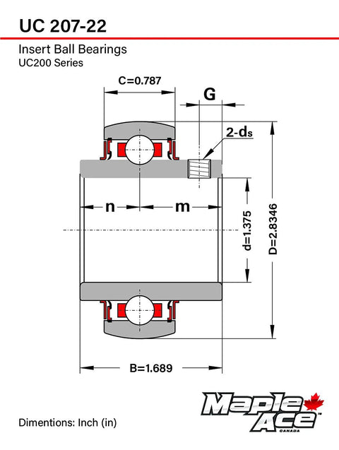 Maple Ace UC207-22 insert ball bearing, UC200 series, 1-3/8 in bore, red lip seal