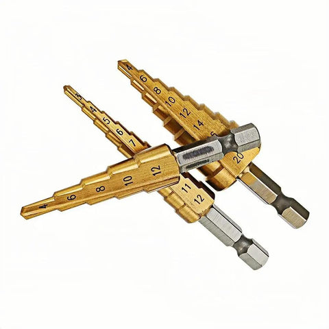 Awesome Socoje Step Drill Bit Set: 3-Piece Hex Shank HSS Cone Bits, Titanium Coated For Quick DIY Wood And Plastic Projects, Perfect For Heavy Duty Drilling Tasks. 3-piece titanium step drill bit set, hex shank, 4-20mm sizes