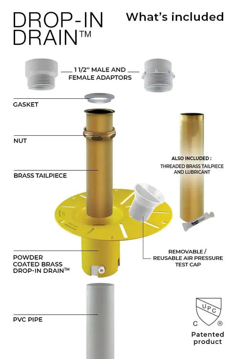Exploded view of Freestanding Bathtub Drain Kit With Drop-In Style, showing PVC pipe, brass tailpiece, adaptors, gasket, nut, and cap.