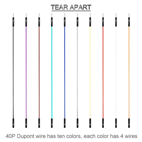Jumper Wire Kit 120 Pcs 3x20cm Dupont Cables For Breadboard Prototyping, displayed in ten colors with connectors.