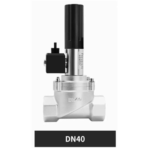 Gas Emergency Shutoff Solenoid Valve With Linkage For Industrial And Commercial Use, 0.1MPa Thread DN40, Compatible With DN25 DN32 DN50, Rugged Auto Shutoff Valve For Safe Flow Control. DN40 stainless steel valve with linkage and black solenoid coil