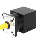 Heavy Duty Right Angle Planetary Gearbox For Nema 42 Stepper Motor 110mm Flange in black with yellow output shaft.
