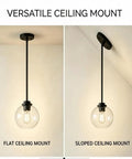 Straight Up Matte Black Globe Pendant Lights 2 Pack With Clear Glass Shades And Corrosion Resistant Metal Base for Flat and Sloped Ceiling Mounts.