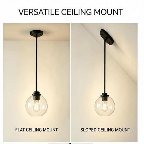 Straight Up Matte Black Globe Pendant Lights 2 Pack With Clear Glass Shades And Corrosion Resistant Metal Base for Flat and Sloped Ceiling Mounts.