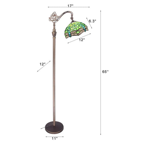 Stained Glass Tiffany Floor Lamp With Arched Gooseneck Adjustable Angle Reading Light In Green Dragonfly Glass Bronze Base 12 Inch Shade UL Certified Standing Lamp For Living Room Or Reading Nook To Elevate Your Vibe