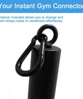 Close-up of heavy duty loading pin with carabiner for 2 inch Olympic plates on gym connector, focus keyword included.
