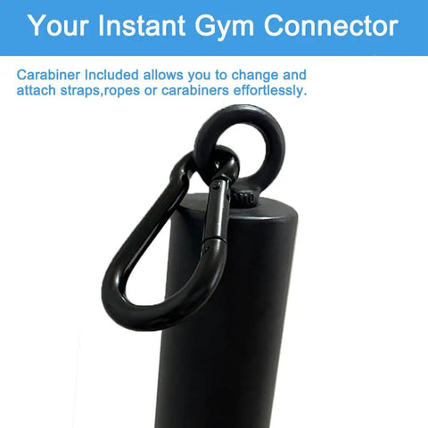 Close-up of heavy duty loading pin with carabiner for 2 inch Olympic plates on gym connector, focus keyword included.