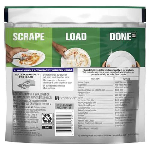 Back view of Platinum ActionPacs Dishwasher Detergent Pods package with usage instructions and ingredient list visible