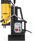 Heavy Duty Magnetic Drill Press Featuring 13000N Magnet Grip For Precision Tapping Reaming And Countersink Work, image of drill press with yellow motor.