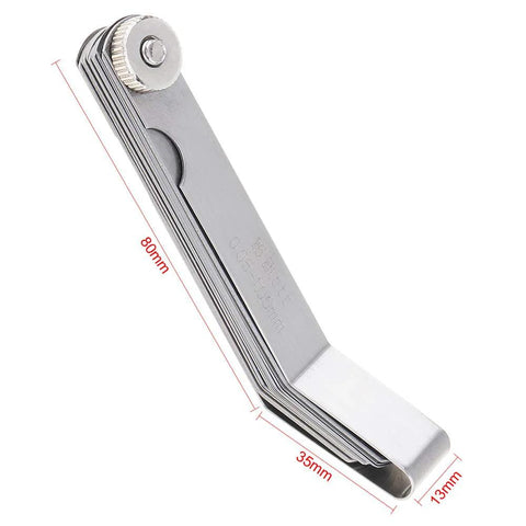 Front view of curved steel feeler gauge with 16 folding blades, 80mm length, woodworking measurement tool.