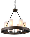 Farmhouse Wagon Wheel Six Light Chandelier With Frosted Seeded Glass Shades Rustic Hanging Light Fixture For Dining Room