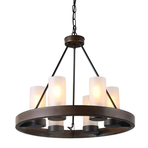 Farmhouse Wagon Wheel Six Light Chandelier With Frosted Seeded Glass Shades Rustic Hanging Light Fixture For Dining Room