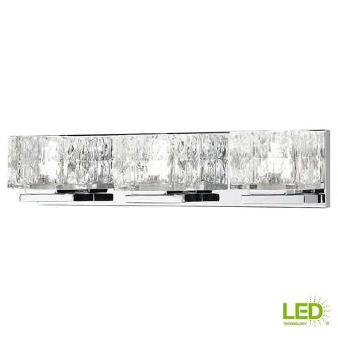 3 Light Sleek Chrome Integrated LED Vanity Light With Clear Cube Glass, 75-Watt Equivalent, horizontal view with LED tech icon