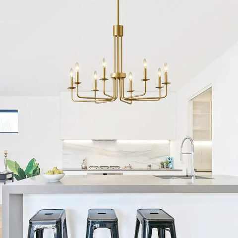 Modern Gold 8 Light Chandelier With Candlestick Lights For Dining Room Farmhouse Style Over Kitchen Island