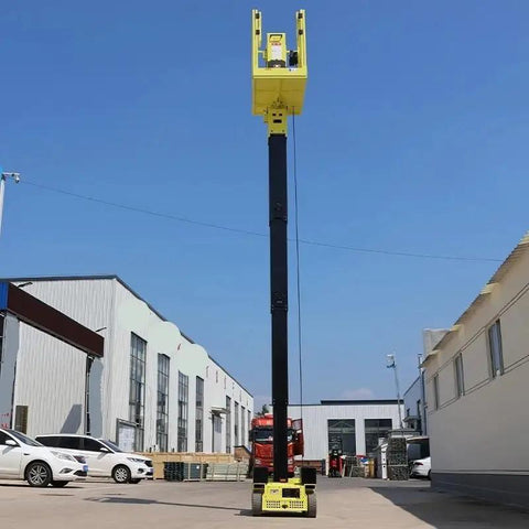 Rock Solid Self Propelled Telescopic Lifting Platform For Professional Aerial Work, 9m tall, in a construction site, showcasing heavy-duty vertical sleeve mast.