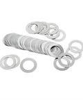 Ultra Thin Stainless Steel Lock Washer Set 10 Pcs Flat Washers 1mm Thick With External Tooth Serrated Locking For Max Grip Outer Diameter 13 To 40mm Assortment Kit For Secure Fastening M25x35 stainless steel washers stacked and scattered on white background
