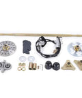Rear Live Axle Kit With Sprocket And Hub Brake Assembly For Go Karts Drift Trikes And ATVs Including T8F 58T Chain 160mm Disc 61 Inch Brake Hose And Pillow Block Bearings Master Cylinder displayed in parts arrangement.