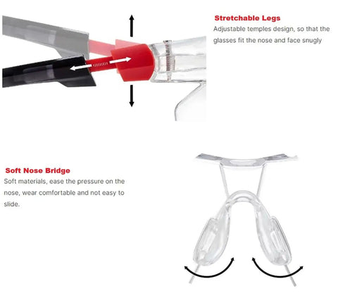 Adjustable arms and soft nose pad of Lightweight Safety Glasses With Adjustable Arms And Soft Nose Pad Built For All Day Comfort Eye Protection Anti Fog Scratch Resistant And Shatter Proof ANSI Z87 EN 166 Certified Comes With Carrying Case.